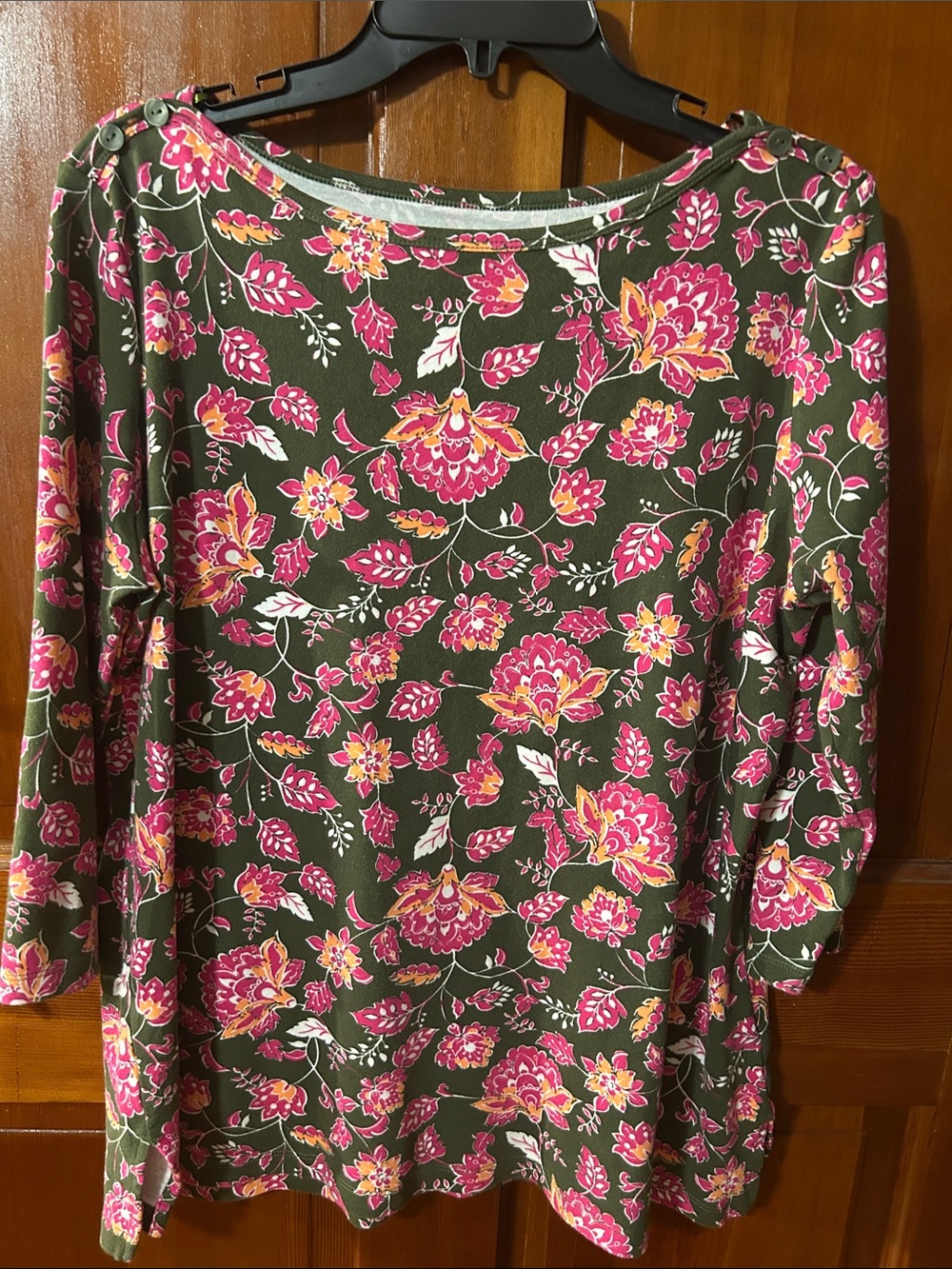 Kim Rogers Olive Long Sleeve Floral Tee with Pink Print